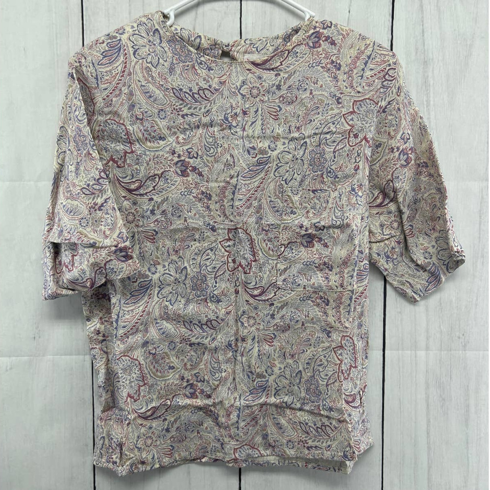Vintage ILGWU Black Island Petites by Marina Pappas Paisley Short Sleeve Blouse